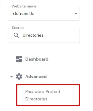 Hostinger 控制面板,已高亮显示 Password Protect Directories 菜单项