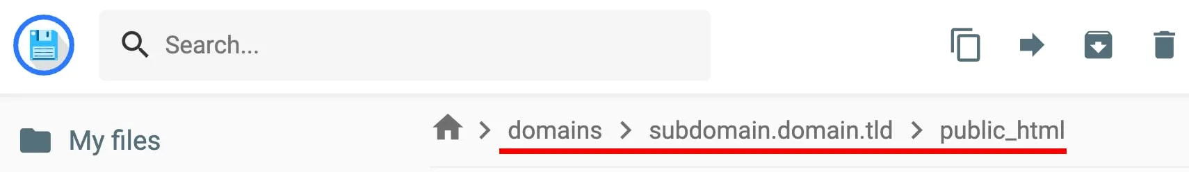Hostinger 文件管理器，显示 domains > subdomain.domain.tld > public_html 文件夹路径并高亮显示