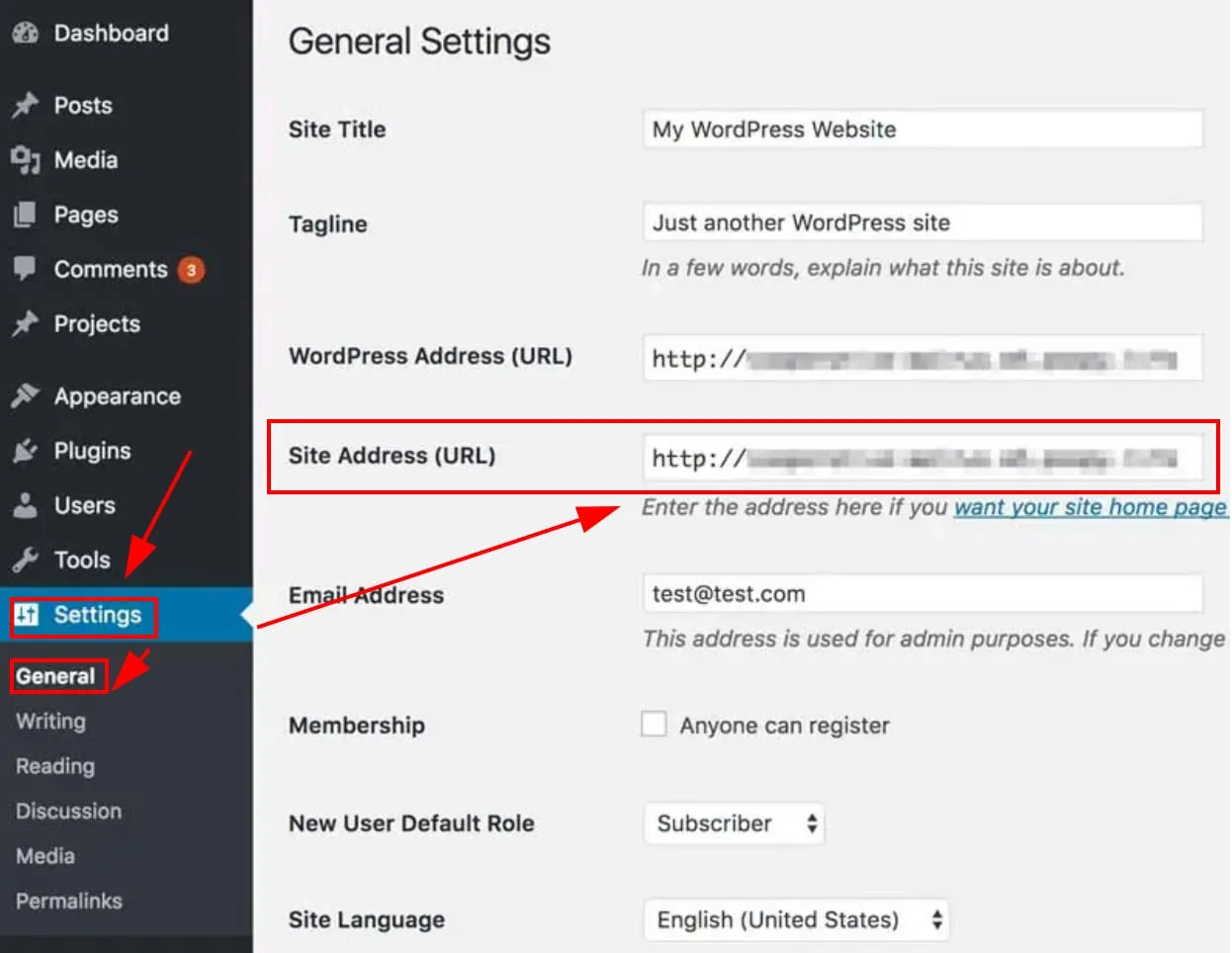 WordPress 设置 > 常规，站点地址 URL 字段已高亮显示