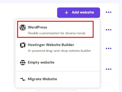 Hostinger 添加网站菜单，WordPress 选项已高亮显示