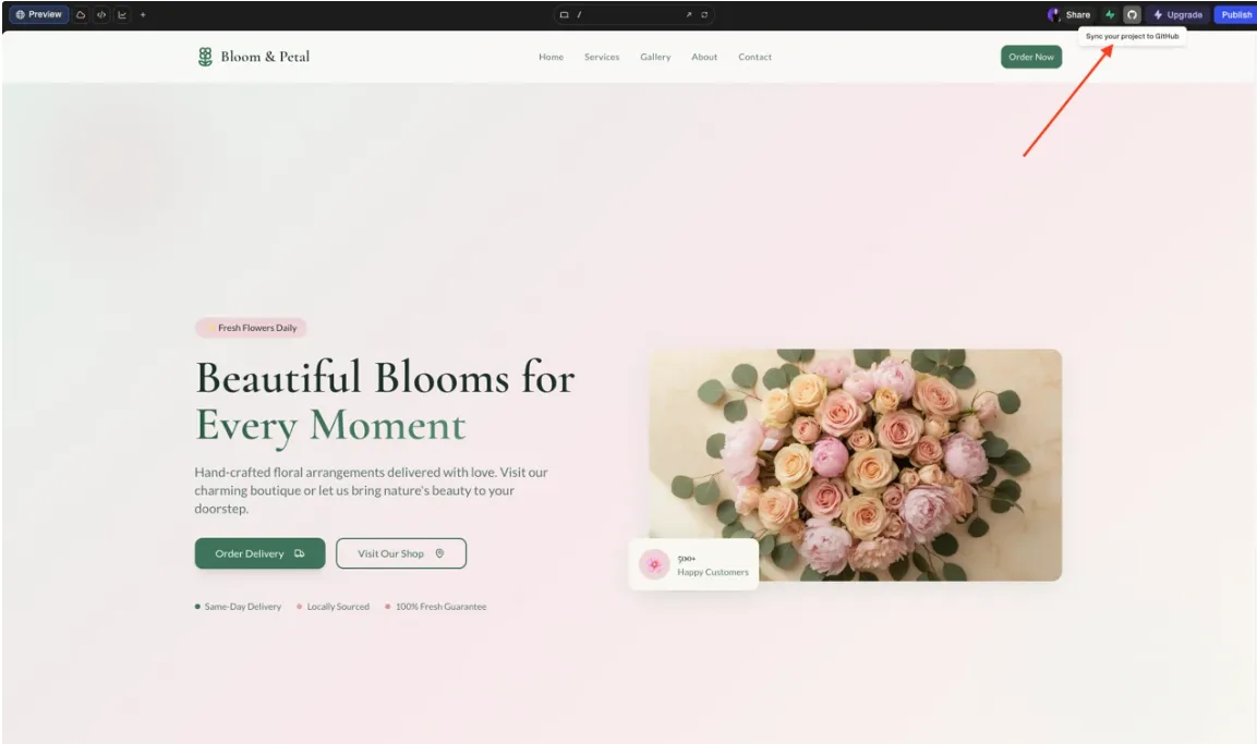 网站编辑器显示 Bloom & Petal 首页，以及工具提示：将你的项目同步到 GitHub