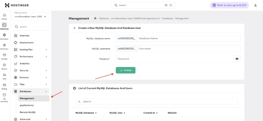 Hostinger hPanel MySQL 管理页面,Create 按钮已高亮显示