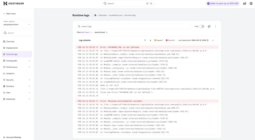 Hostinger 运行时日志显示 DATABASE_URL 错误和缺少环境变量错误