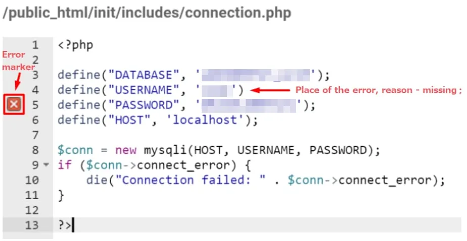 PHP 代码编辑器中，connection.php 里缺失的用户名值旁边显示红色错误标记