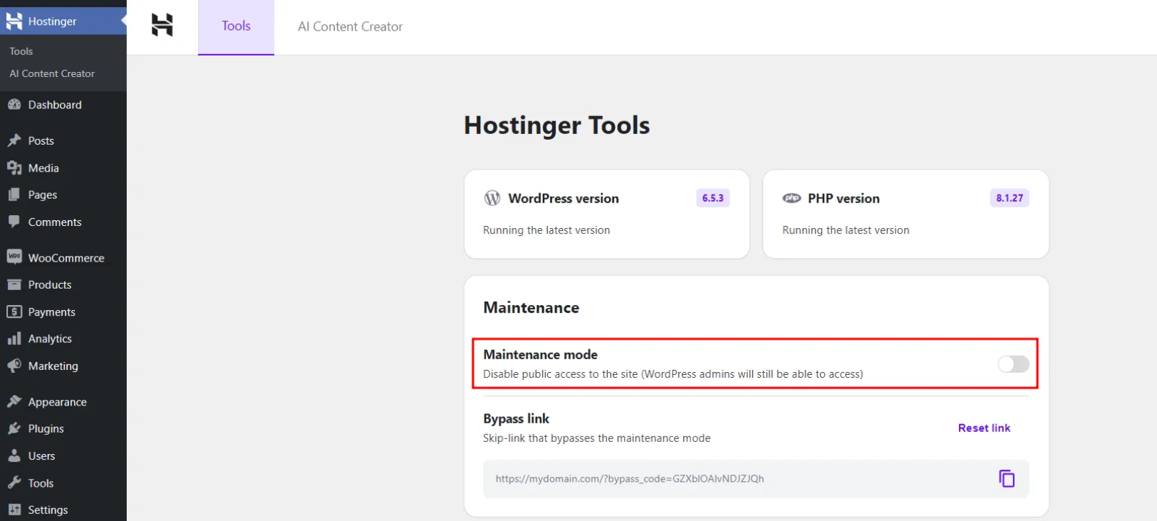 WordPress 控制面板中的 Hostinger Tools 维护模式开关，当前处于关闭状态
