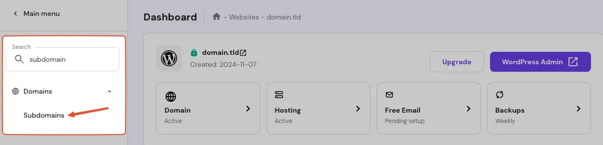 Hostinger 控制面板侧边栏,Domains 下的 Subdomains 已高亮显示,搜索框中显示“subdomain”