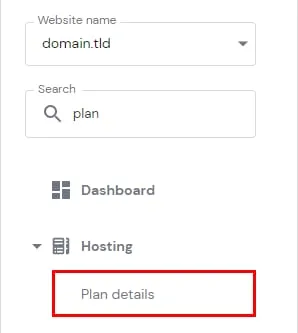 Hostinger hosting menu with Plan details highlighted under Hosting