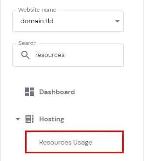 主机侧边栏,Hosting 菜单下的 Resources Usage 已高亮显示