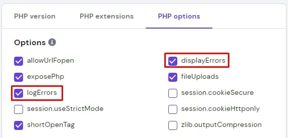 突出显示 displayErrors 和 logErrors 复选框的 Hostinger PHP 选项