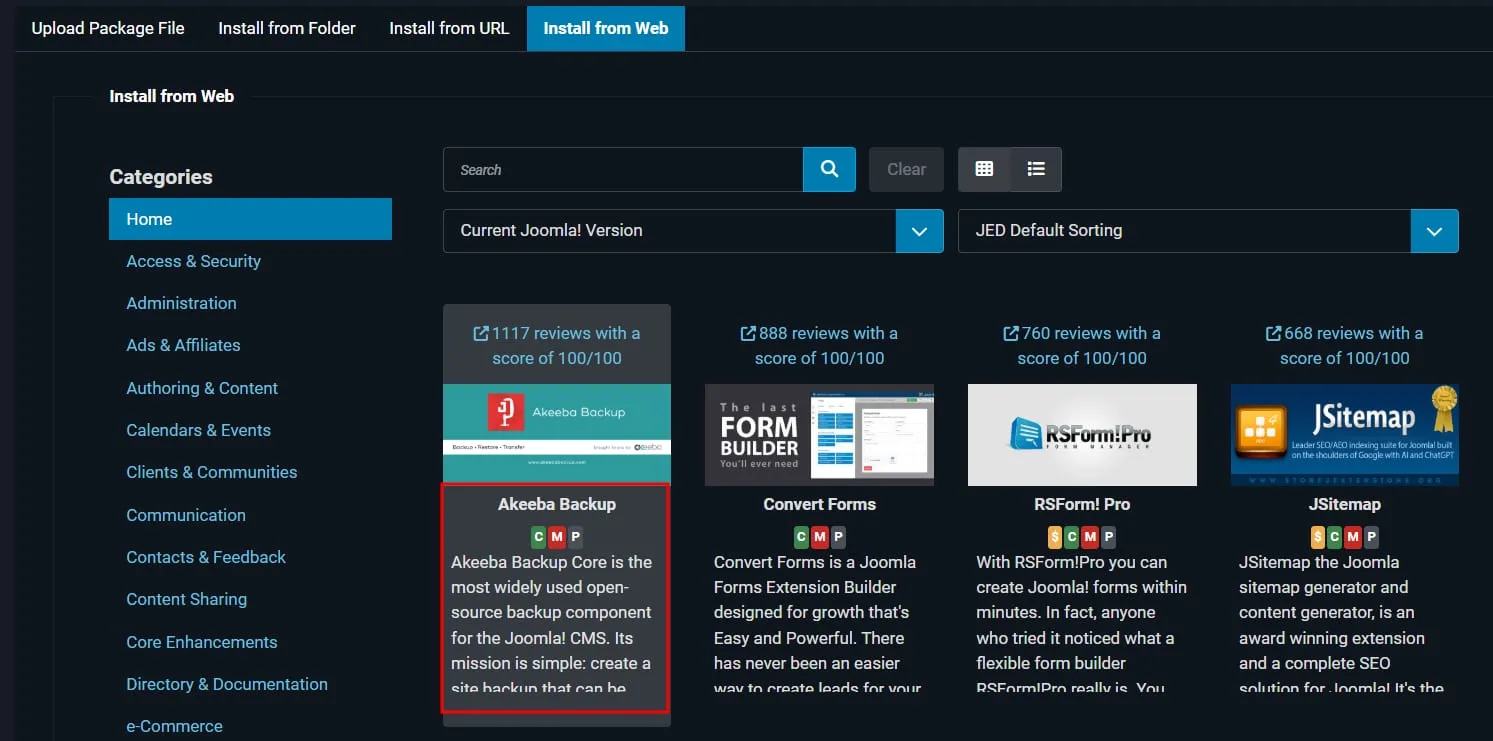 Joomla 从 Web 安装页面中高亮显示的 Akeeba Backup 扩展