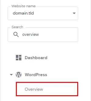 所选网站 domain.tld 下突出显示 Overview 的 WordPress 菜单