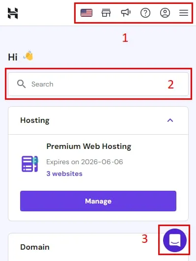 Hostinger 移动端控制面板，搜索栏和客服聊天按钮已高亮显示