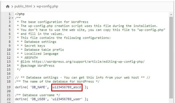 phpMyAdmin 代码编辑器中显示 wp-config.php，DB_NAME 值已高亮显示