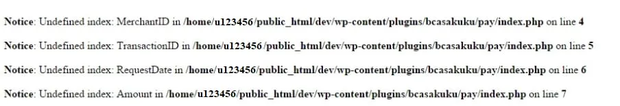 WordPress 错误提示，列出了插件 PHP 文件中的未定义索引（undefined index）
