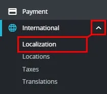 PrestaShop 本地化菜单,展开箭头和 Localization 选项已高亮显示