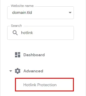Hostinger hPanel 高级菜单,防盗链保护选项已高亮显示
