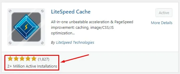 LiteSpeed Cache 插件评分和 200 多万活跃安装量已高亮显示