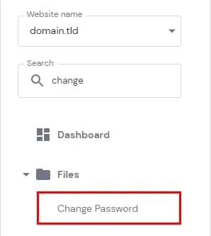 Hostinger 控制面板菜单，其中 Change Password（更改密码）选项已高亮显示