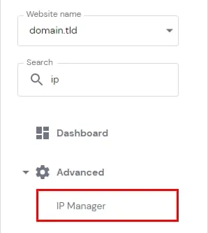 Hostinger 高级菜单，IP 管理器已高亮显示