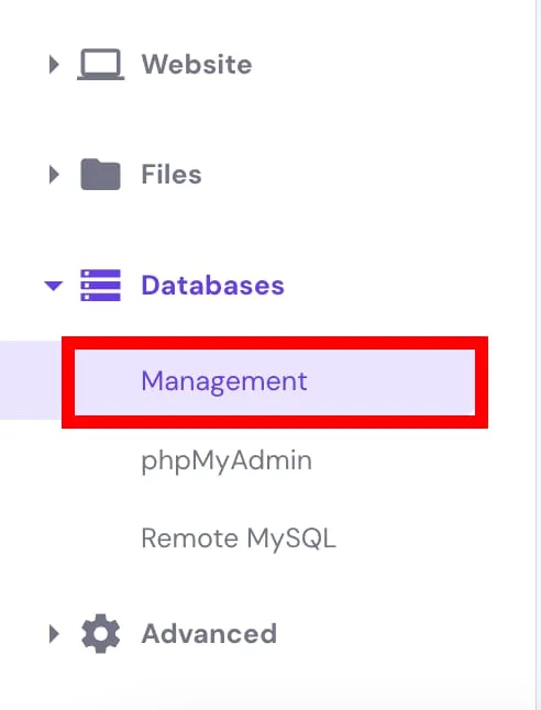 Hostinger hPanel 数据库菜单,Management 已高亮显示
