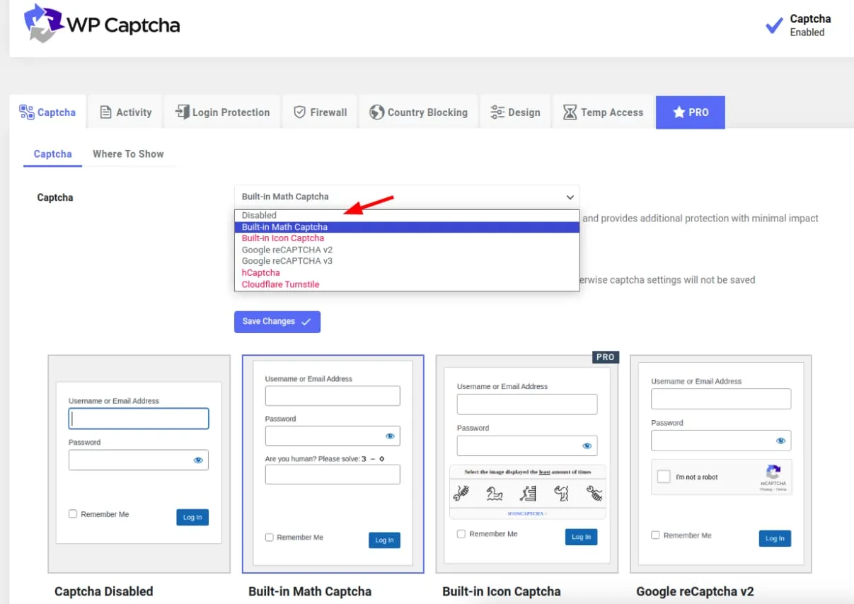 WP Captcha 设置下拉列表,已突出显示用于选择验证码的 Disabled 选项