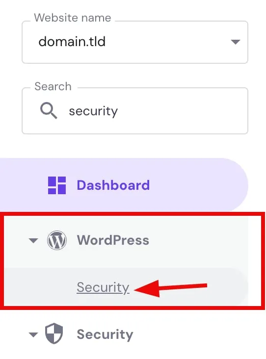 WordPress 菜单中 WordPress 部分下方的 Security 选项已高亮显示