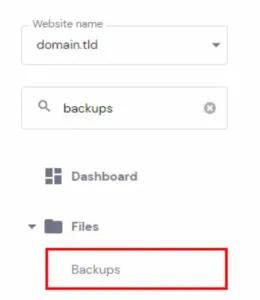 Hostinger 控制面板,Files 下的 Backups 菜单项已高亮显示