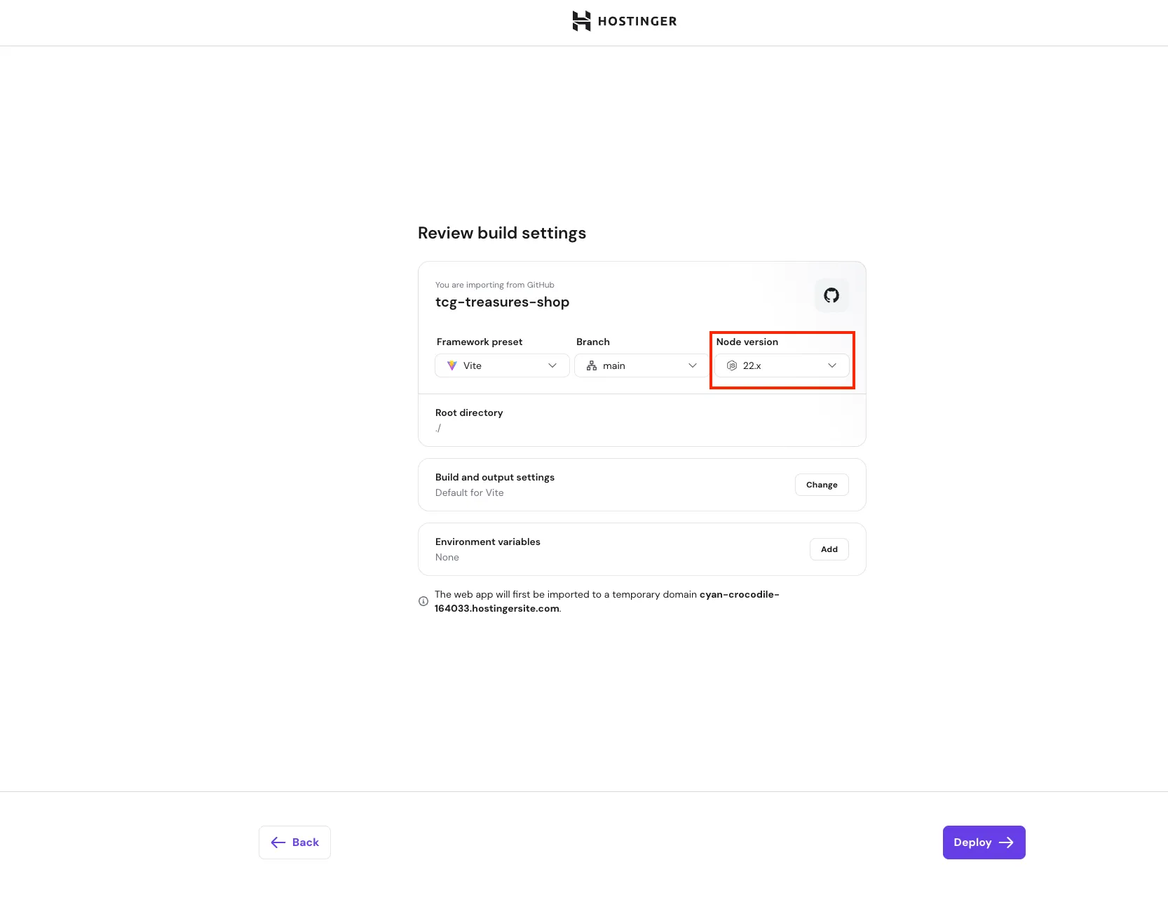 Hostinger 部署设置页面,突出显示 GitHub 导入的 Node 版本下拉菜单