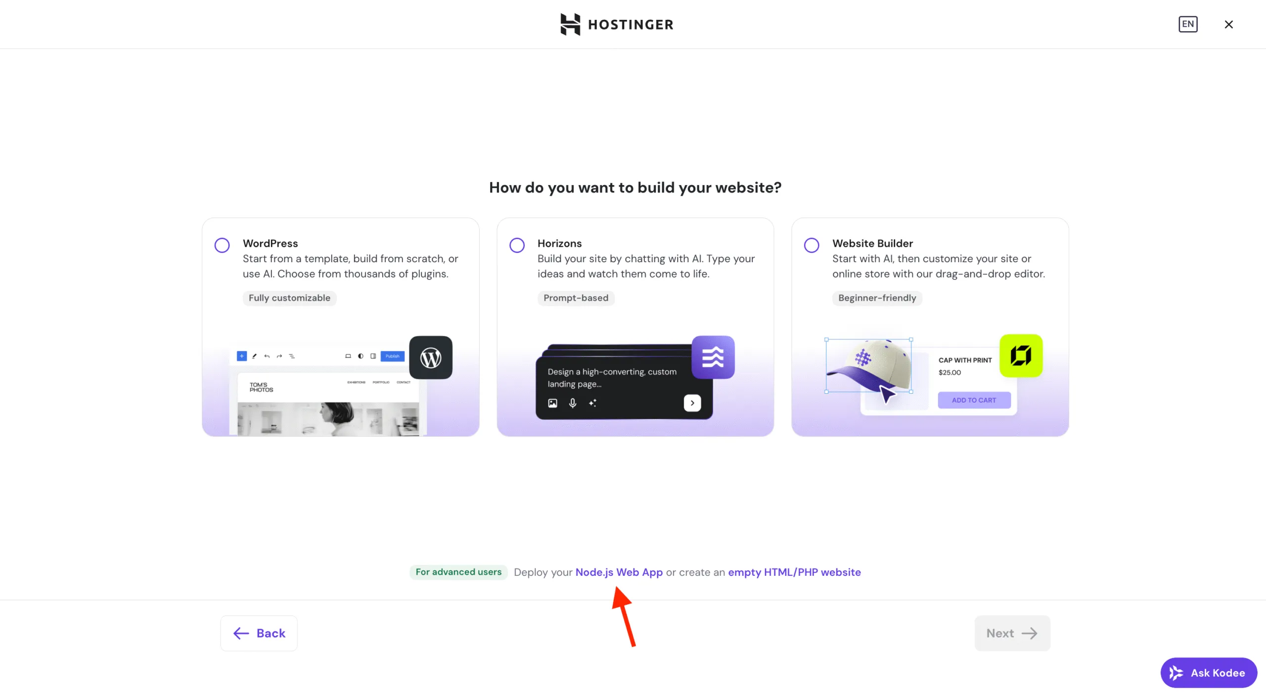 Hostinger 设置界面，其中 Node.js Web App 高级选项已高亮显示