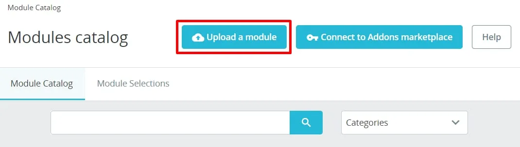 PrestaShop 模块目录页面，Upload a module 按钮已高亮显示