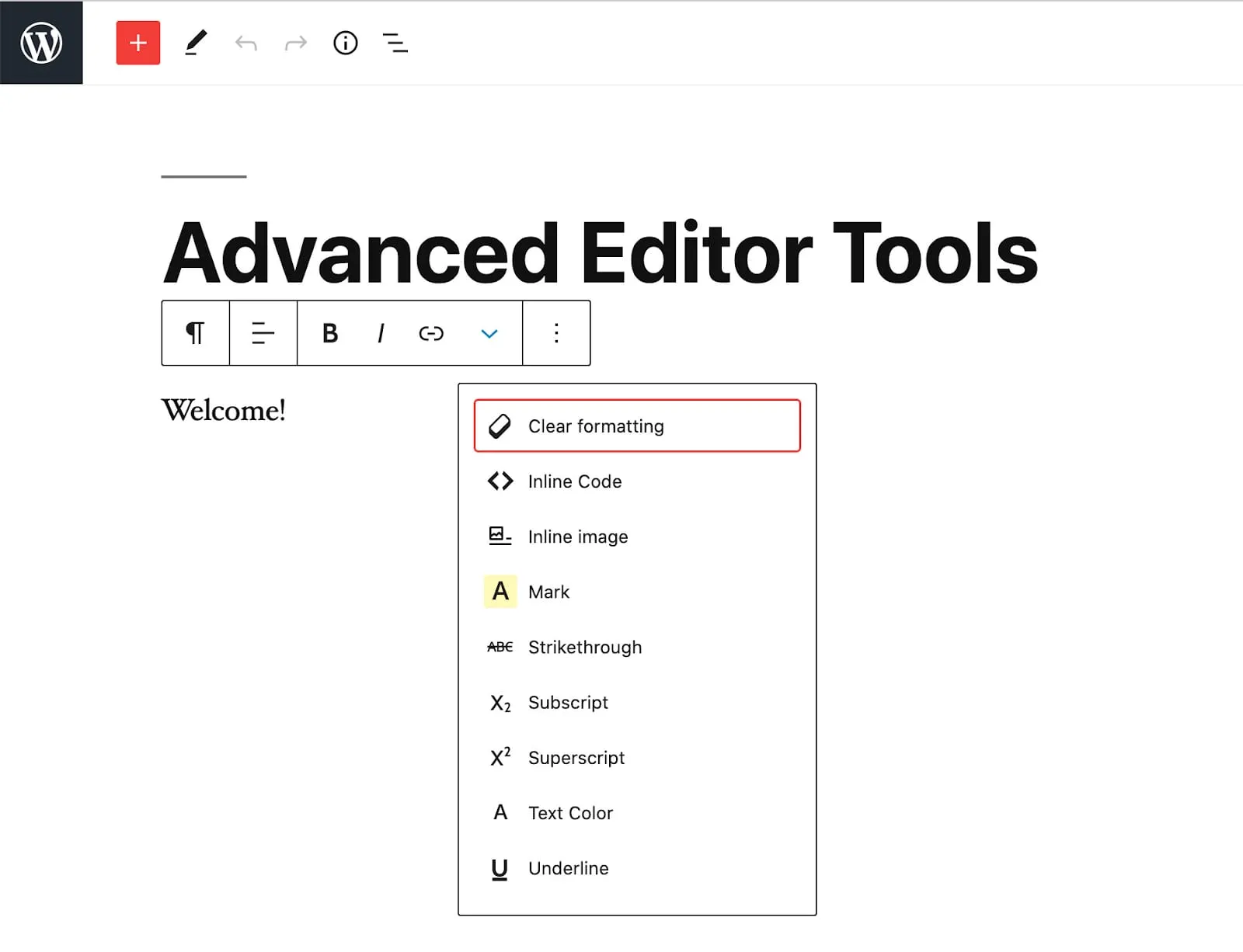 WordPress 编辑器工具栏,下拉菜单中突出显示了“清除格式”选项
