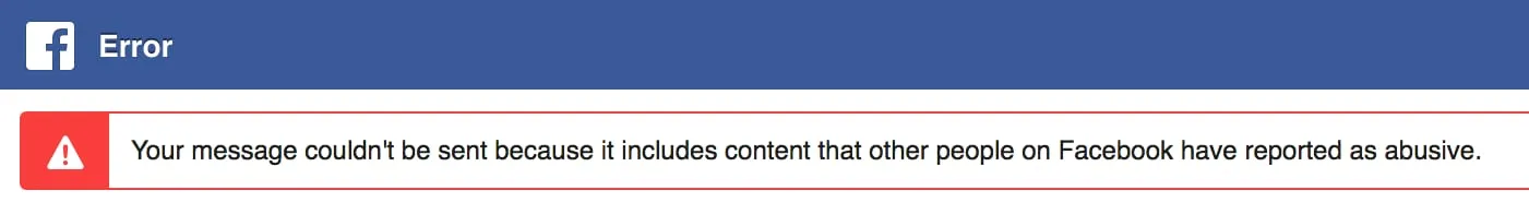 Facebook 错误提示,消息因滥用内容被屏蔽