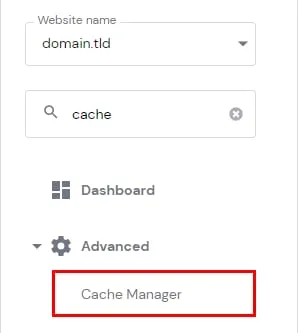 Hostinger hPanel 面板菜单,Advanced 下方的 Cache Manager 已高亮显示
