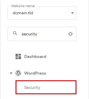 Hostinger 面板 WordPress 菜单，Security 选项已高亮显示