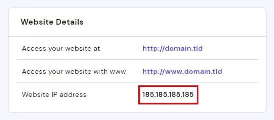 Website Details 面板，网站 IP 地址以红框标出
