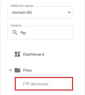 Hostinger hPanel 侧边栏，Files 下的 FTP Accounts 已高亮显示