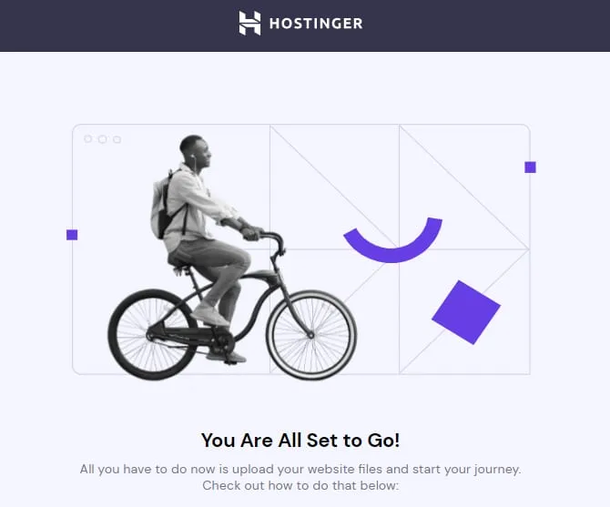 Hostinger 设置成功界面，配有骑行者插图和“You Are All Set to Go!”消息