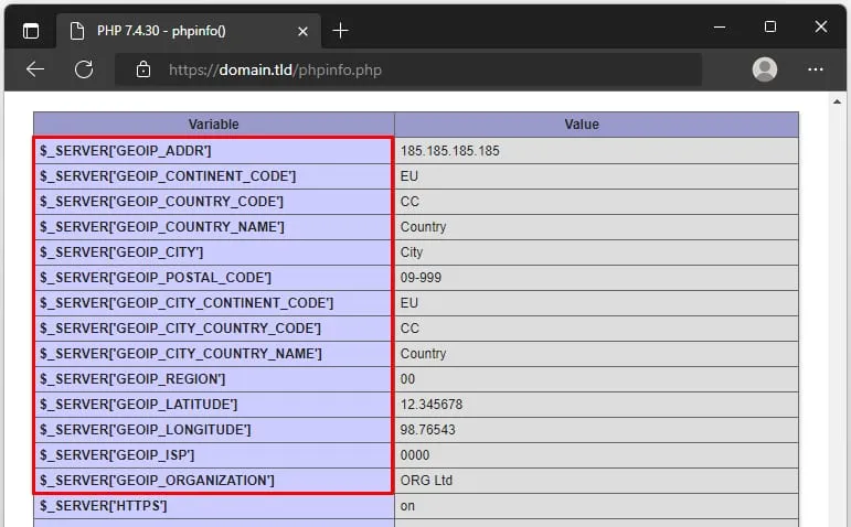以红色高亮显示 GeoIP 服务器变量的 PHP phpinfo 表格