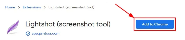 突出显示“添加至 Chrome”按钮的 Lightshot 扩展程序页面