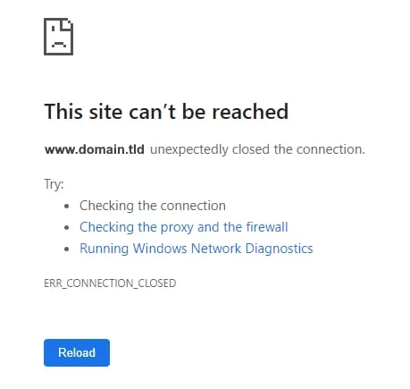 浏览器错误页面，显示 ERR_CONNECTION_CLOSED 和重新加载按钮