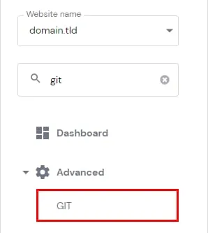 Hostinger 面板，搜索 git 后 Advanced 下高亮显示的 GIT 菜单项