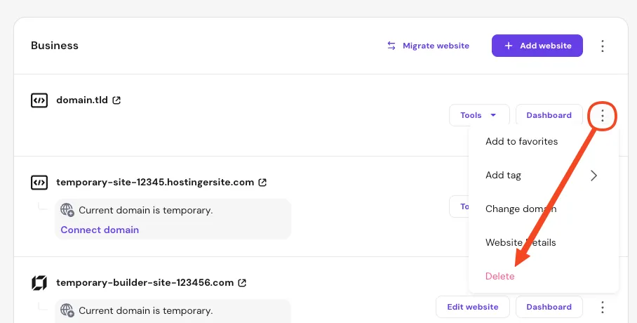 Hostinger hPanel 网站菜单,其中删除选项已高亮显示