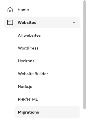 Hostinger hPanel Websites 菜单,已选择 Migrations
