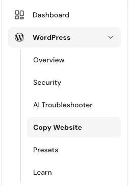 Hostinger hPanel WordPress 菜单,已选择 Copy Website