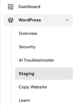 Hostinger hPanel 侧边栏中突出显示的 WordPress Staging 菜单项