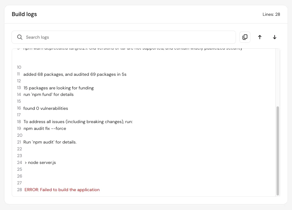 hPanel 构建日志显示 Node.js 应用错误:failed to build the application