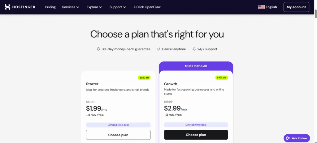 Hostinger 定价页面，包含 Starter 和 Growth 方案；Growth 被标记为最受欢迎。