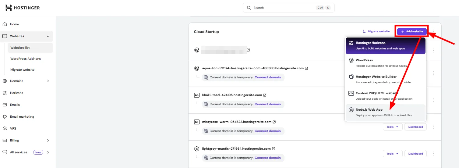 Hostinger 面板，已打开 Add website 菜单并突出显示 Node.js Web App