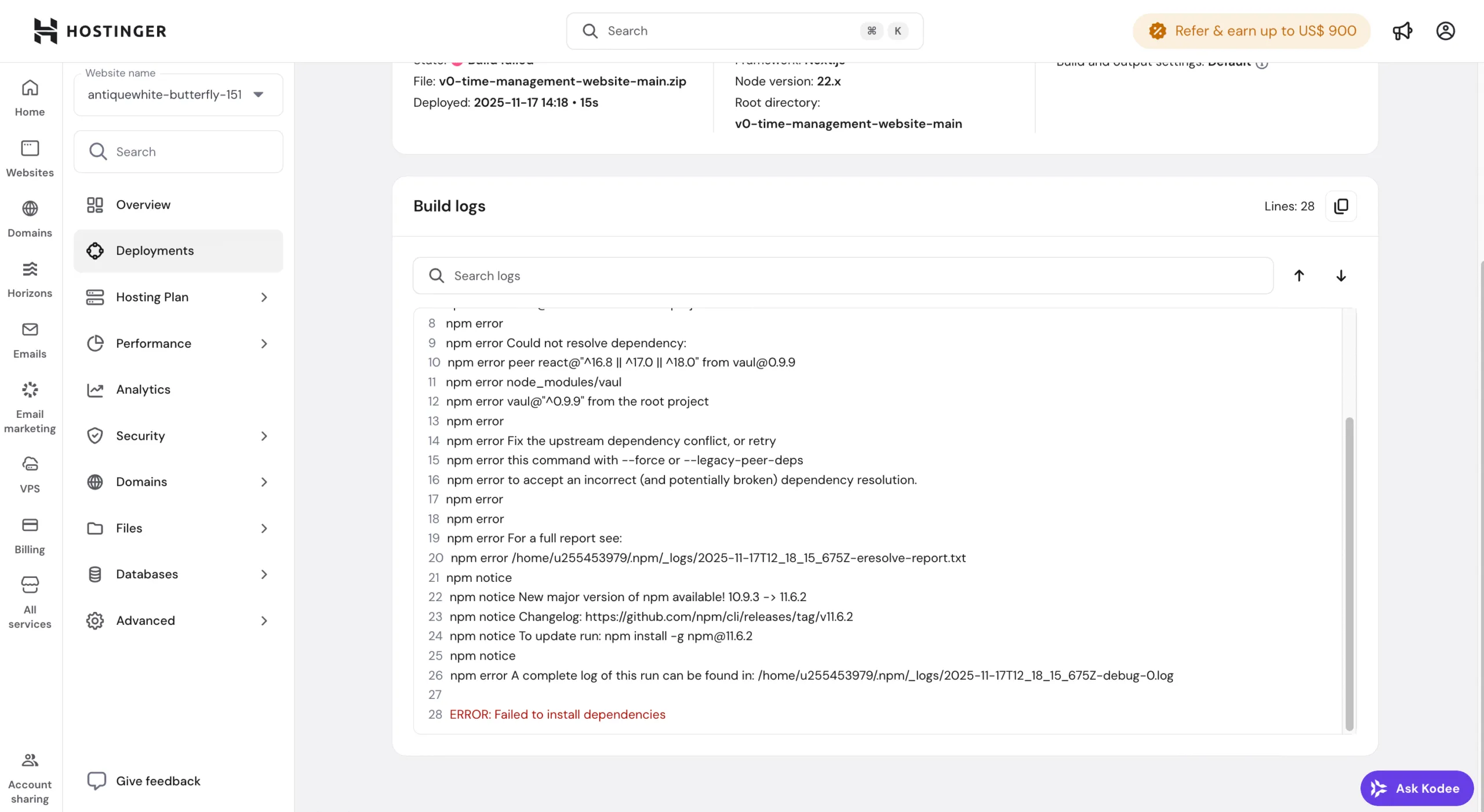 Hostinger 部署构建日志显示 npm 依赖安装失败