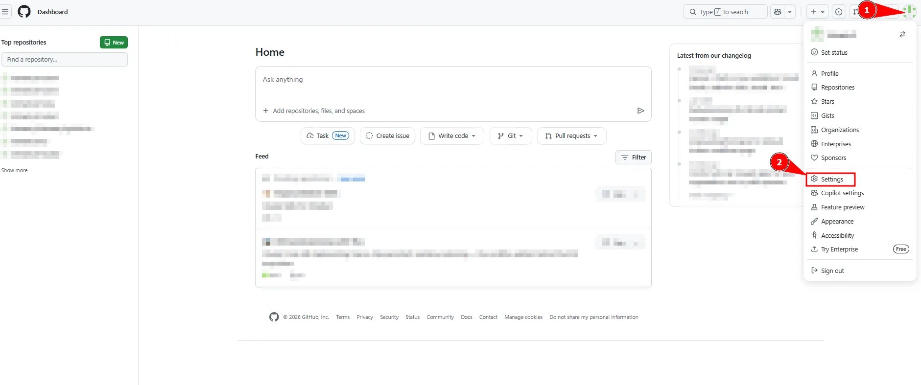 GitHub 个人资料菜单已打开,设置选项已高亮显示